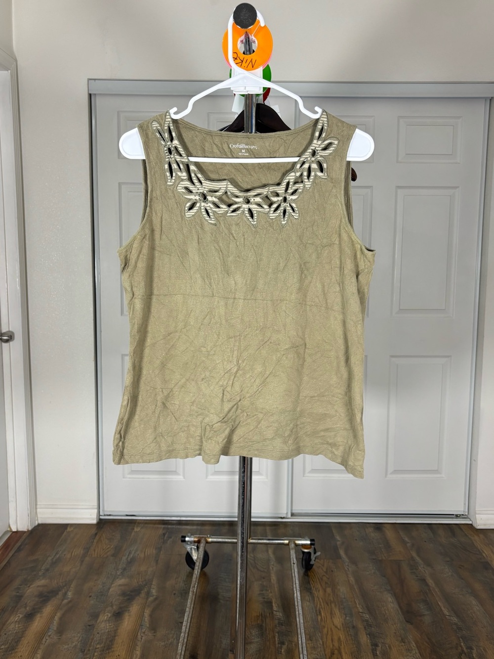 croft & barrow Olive Sleeveless Tank with Beaded Floral Neckline